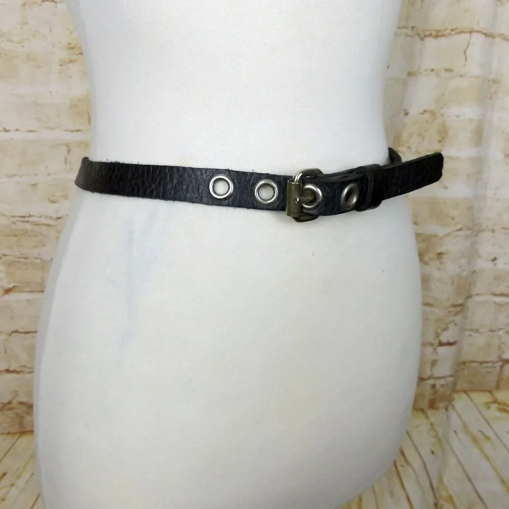 Black Pebbled Genuine Leather Grommet Belt Size 34 Narrow Punk Goth Y2K Rock Emo